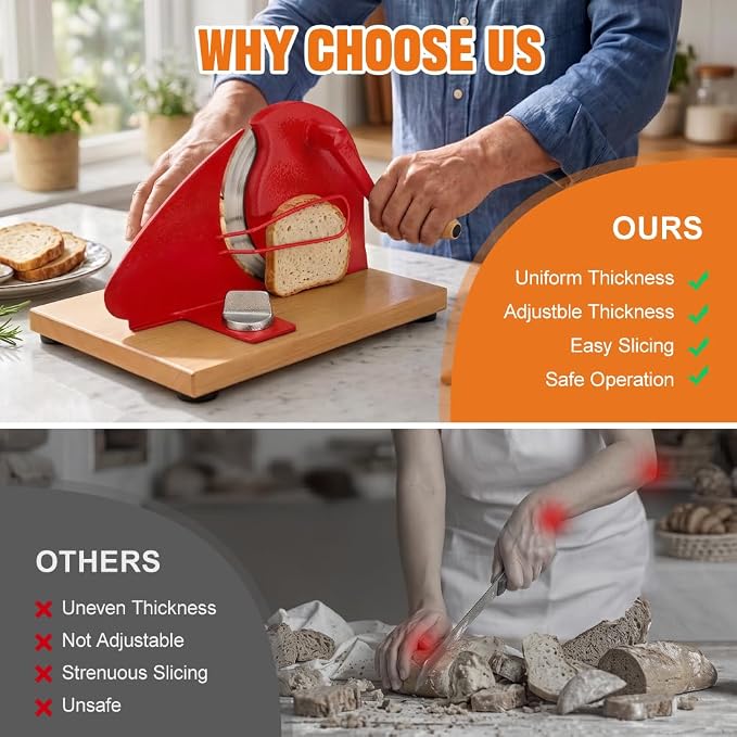 Upgrade Manual Bread Slicer for Homemade Bread, Sourdough Slicer with Hand Crank, Metal Guide Rail, Non-Slip Suction Base & Sharp Blade for Consistent Even Slices