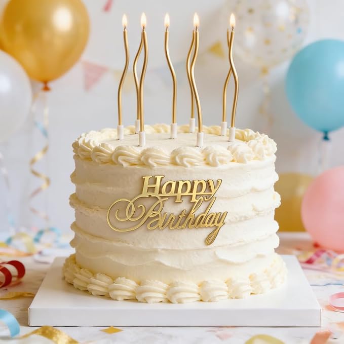 5Pcs Gold Acrylic Happy Birthday Cake Toppers Happy Birthday Sign for Cake Topper Decoration Supplies Party Celebration Toppers for Cakes Side Inserts Mirror Acrylic Glitter Cupcake Dessert Topper