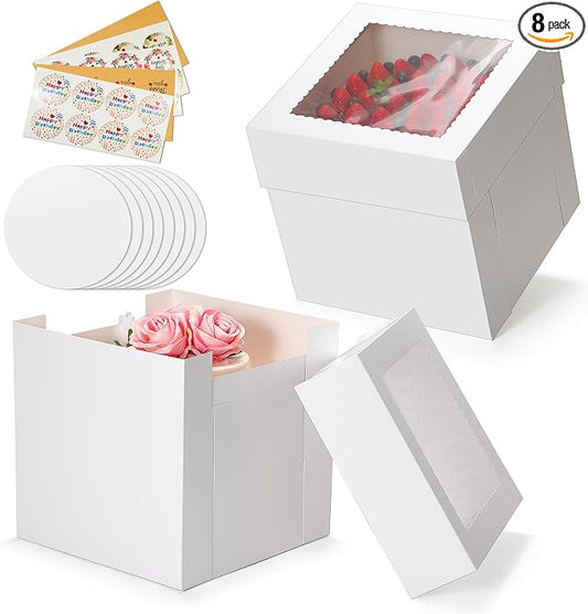 COTOPHER 16 Pcs Cake Boxes, 10x10x10 Inches Tall Cake Box with Window (8 Boxes & 8 Boards), Square Cake Containers for Multi-Layer Cakes Pastry, Birthday Party, Mother's Day, Weddings