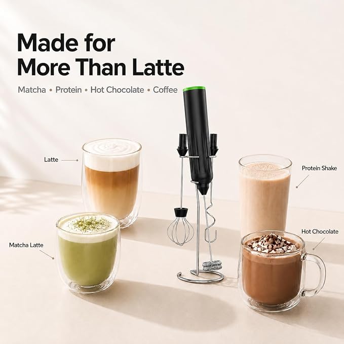 Milk Frother Handheld,3-Speed Rechargeable Coffee Foamer Drink Whisk with 3 Stainless Steel Heads Electric USB C Whisk for Coffee, Latte, Cappuccino, Hot Chocolate, Protein,Egg light Black