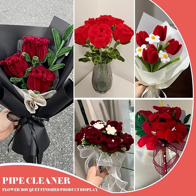 AHAMETON 620Pcs Pulm Red Pipe Cleaner Flower Kit, 6 Colors Bulk Pipe Cleaners Craft Supplies with Wires, Stamens, Ribbon, Tape, Card, DIY Flower Making for Gifts Home Decoration, Party & School Crafts