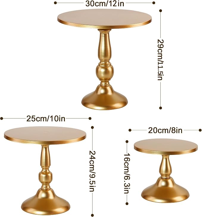 Set of 3 Gold Cake Stands, Metal Round Cake Holder Dessert Pie Pizza Display Stand 8" 10" 12" Serving Tray Decoration for Wedding Celebration Party Birthday Baby Shower