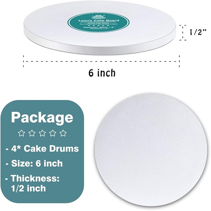 White Cake Drums Round 6 Inch Cake Boards with 1/2-Inch Thick Smooth Edges for Multi Tiered Birthday Wedding Party Cakes Drum Board