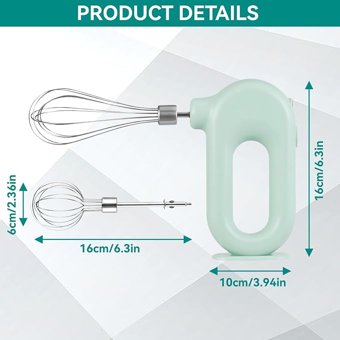 4 Speed Electric Hand Mixer, Electric Hand Mixer Whisk Wireless Rechargeable Handheld Egg Beater Adjustable Cordless Electric Whisk Hand Mixer 1500mAh Small Portable Handheld Mixer (Green)