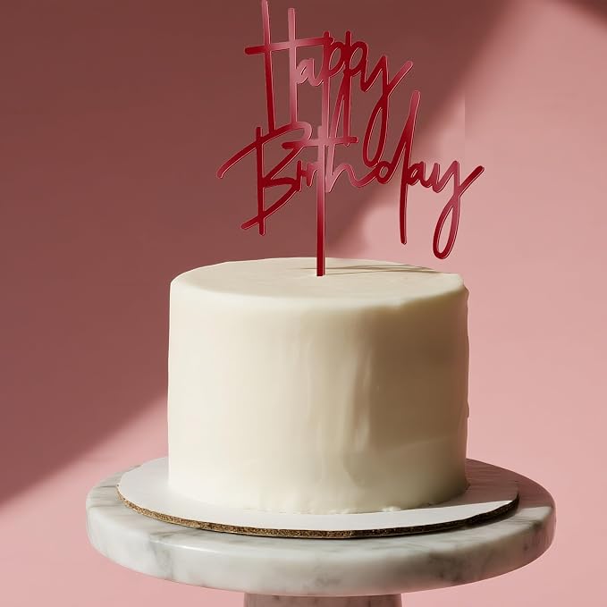 Acrylic Birthday Cake Topper - 5.3'' x 7.2'' Red Happy Birthday Sign for Party Supplies, Cake Decorations and Anniversary