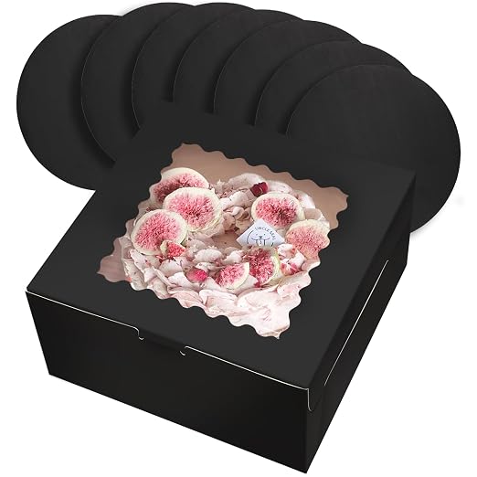 qiqee 10x10x5 Cake Box, 18 Sets Black Cake Box with Window ＆ 18 Sets 10" Black Cake Round Boards, 10inch Cake Containers