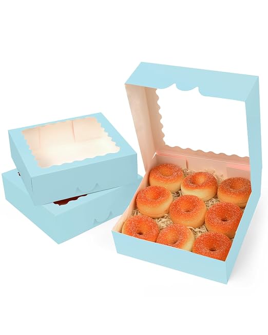 qiqee Auto-pop Up Light Blue Pastry Box With Window 8x8x2.5 Inch Donut Pie Boxes 30pcs Bakery Box