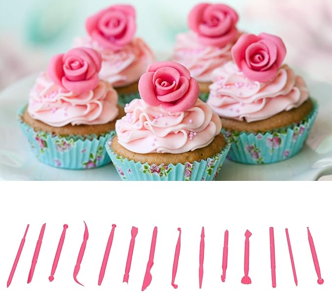 Clay Modeling Tools Clay Carving Tools Cake Modeling Tools Cake Shaping Tools Cake Sculpting Tools 14PCS Set PP Plastic Lightweight for Cake Decorating DIY Baking (Rose Red)
