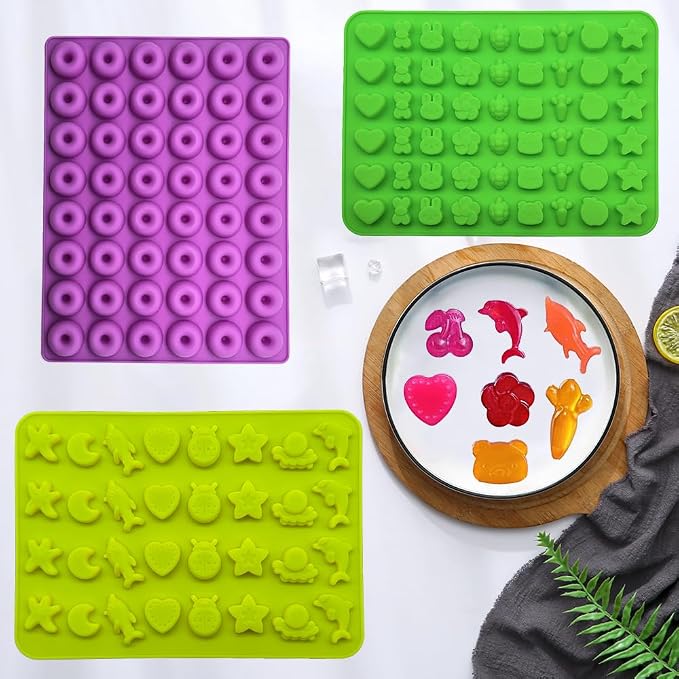 5Pcs Gummy Candy Molds - Silicone Gummy Dinosaur/Marine Animal/Donut/Small Hearts Shapes/Fruit Snack Mold with 2pcs Dropper,Non-stick and Bpa Free for Mini Candy Chocolate Gummies Baking