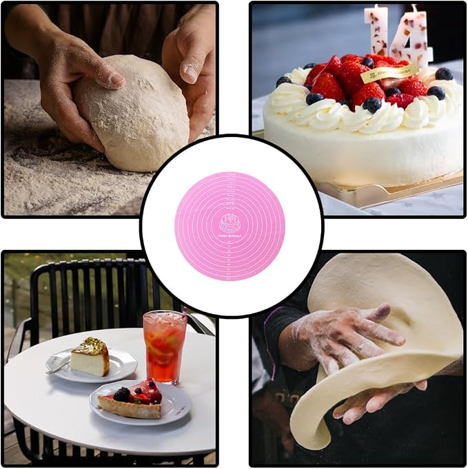 1-Pack 12 Inch Pink Silicone Baking Pad, Round Cake Decorating Mat for Rotating Stand, Non-Stick Fondant Work Surface, Washable Pastry Sheet for Bread Pizza Dough