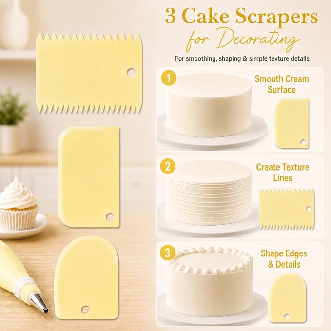 15 PCS Cake Decorating Supplies Set with 2 Reusable Superflex Piping Bags, 6 Stainless Steel Icing Tips, 3 Cake Scrapers, 2 Couplers and Ties for Beginners,Cream Yellow