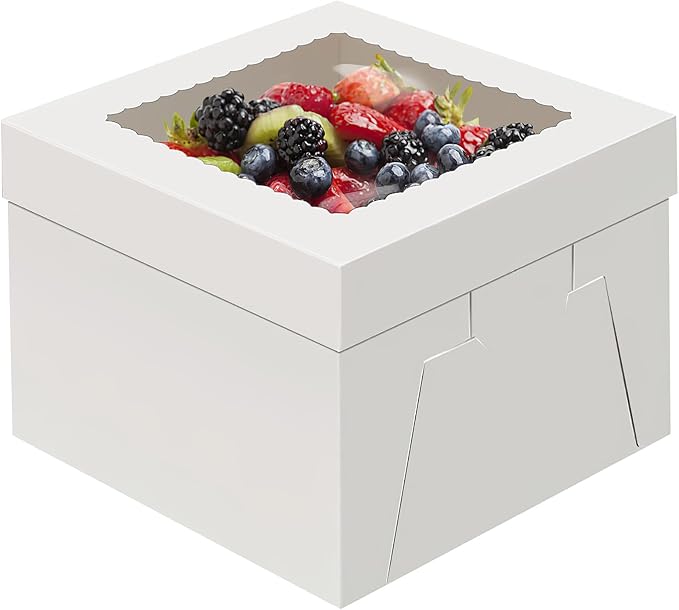 WINKIO 4 Pack Cake Boxes 12 Inch, Disposable Cake Transport Container, Cake Carrier, White Cake Holder with Large Window, for Bakery Cookies Pies Cupcakes Pastry (12×12×6 Inches)