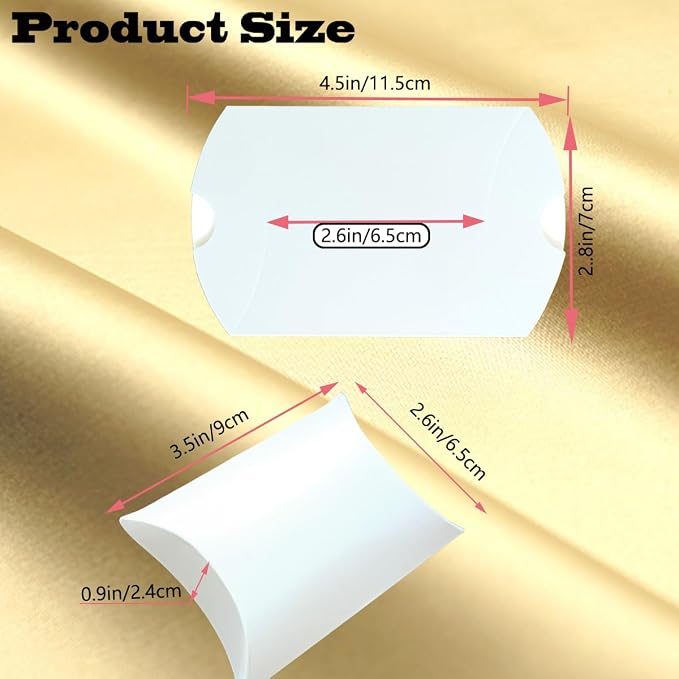 50 Pcs Kraft Paper Pillow Gift Boxes,3.5x2.6 Inch Mini Folding Treat Boxes, Creative Favor Box Folding Treat Boxes for Bakery, Candy, Jewelry, Wedding & Party Favors((White-1)