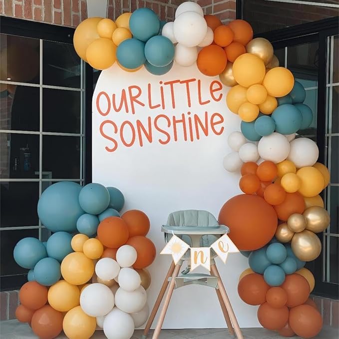 Here Comes the Son Balloon Arch Kit, Retro Blue Yellow Boho Balloon Garland with Mustard Yellow Pastel Blue Sand White Coffee Balloon for Fall Colorful Baby Shower First Birthday Party Decoration