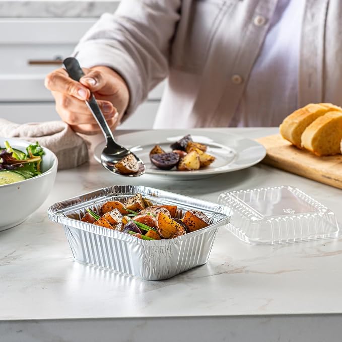 GUSTO 1 lb Disposable Aluminum Foil Takeout Pans with Clear Dome Lids, 5" x 4" – [50 Count] Great for Baking, Cooking, Storage, and Freezing (Formerly Comfy Package)