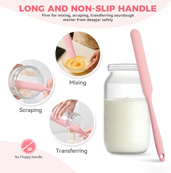 Silicone Jar Spatula Set of 5, Long Handle Skinny Spatula and Spurtle for Sourdough Starter, Flexible Jar Scraper for Peanut Butter, Jam, Icing, Cream with No Batter Left Behind (5)
