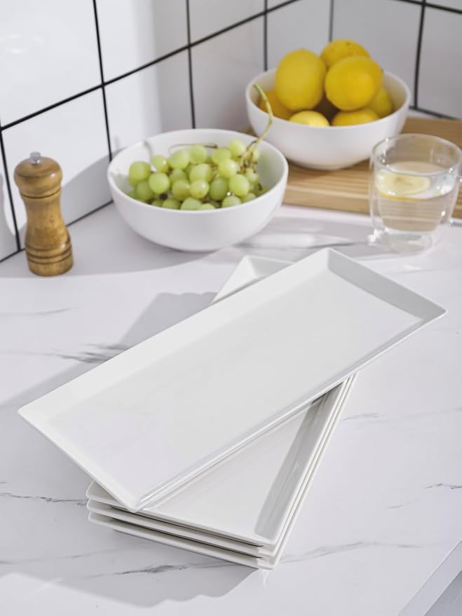 Kanwone White Serving Platters, Porcelain Serving Trays for Parties, Large Rectangular Plates - 14.5 Inch, Set of 4