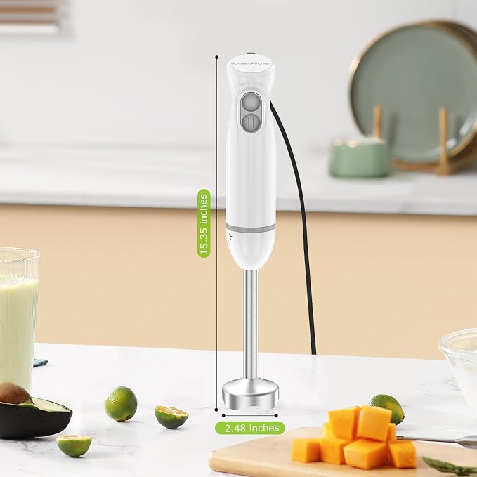 Bonsenkitchen Hand Blender, Immersion Blender with 2 Mixing Speed, Electric Portable Handheld Stick Mixer with Stainless Steel Blades for Soup, Smoothie, Puree, Baby Food, White