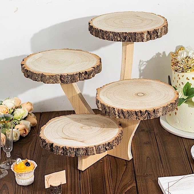 15 in Brown 4 Tier Round Natural Wood Cupcake Dessert Stand | Wooden Cup Cake Stand for Birthday Wedding Party Events Reception Catering Decorations Supplies