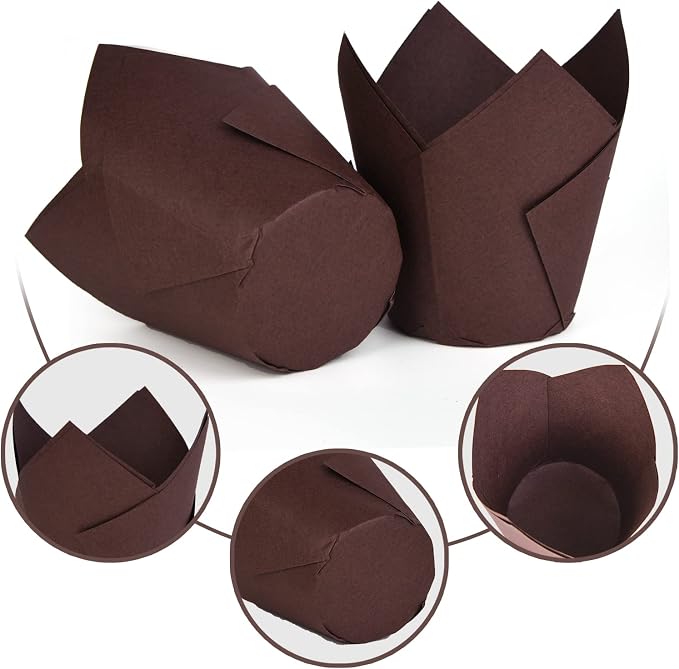 DC QZHMKJ PET 200Pcs Tulip Cupcake Liners Muffin Baking Holders Premium Cups Wrappers Christmas Lliners for Weddings, Birthdays, Anniversaries, and Special Occasions（Brown）