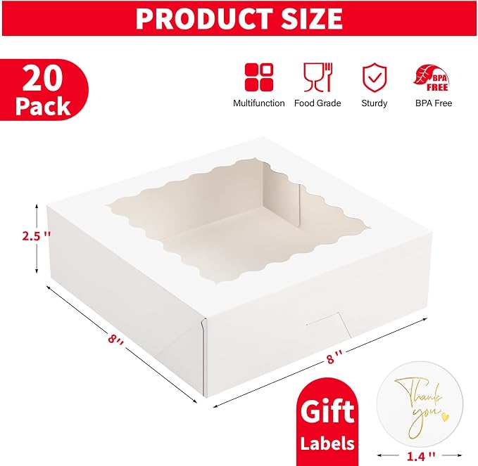 Ocmoiy 20 Pack Pie Boxes, 8 x 8 x 2.5 Inches Bakery Boxes with Window, Auto-Popup Cookie Treat Boxes for Chocolate Strawberries, Pastries, Muffins, Donuts