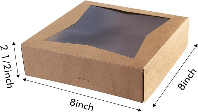 ONE MORE [15pcs] 8" Brown Bakery Pie Boxes, Kraft Cardboard Cookie Box with Window Auto-Popup Natural Disposable Pastries Boxes 8x8x2.5inch,Pack of 15