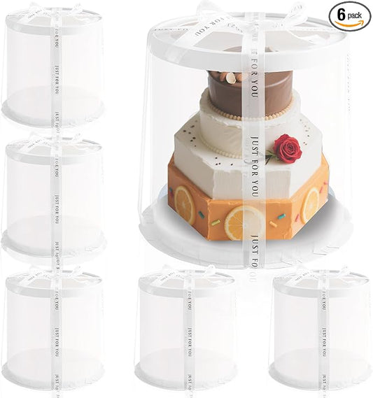 JCD 6Pcs 8.5 * 9.5inch Round clear cake boxes with Ribbon,Ideal for 7inch and 6inch Tall Layer Tiered Cakes,Multi-Layer cake boxes for Christmas Bakery Treat (box, Clear Lid, Round 8.5inch/6Pcs)