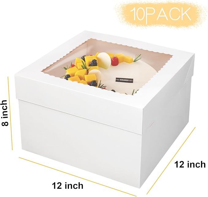 Septo Cake Boxes,12x12x8 Inches 10pc White Bakery Boxes Cake Boxes with Window Cake Container Large Square Baking Boxes