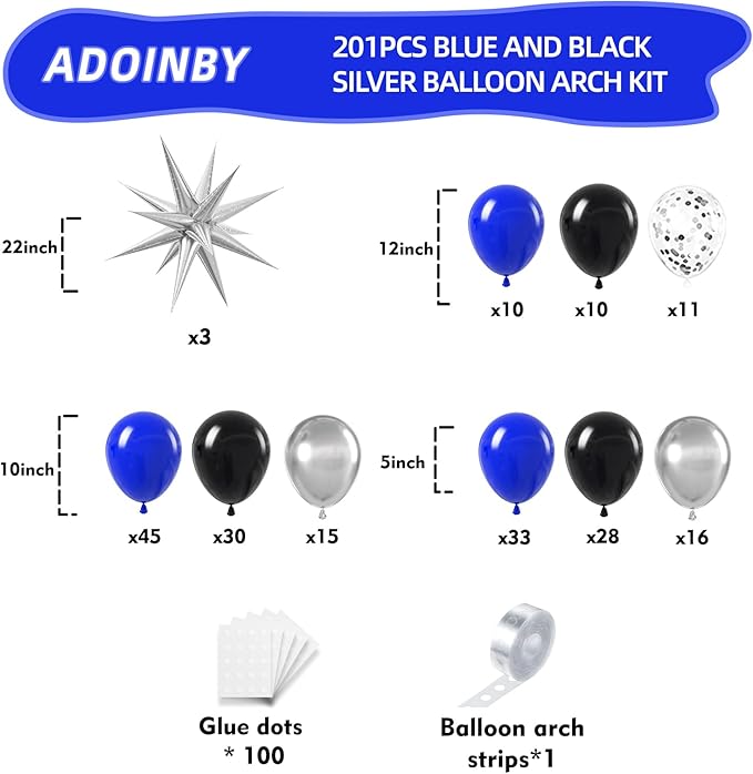 Blue and Black Balloon Arch Kit, 201Pcs Explosion Star Royal Blue Metallic Sliver Black Balloon Garland kit, Different Size Balloons for Anniversary Birthday Graduation Prom Party Decorations