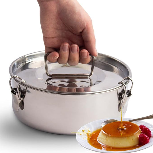 18/10 Stainless Steel Flan Pan, 63 oz Flanera Mold Cooker for Baking | Compatible with Instant Pot3 6 8 10qt, Custard Pan, Flan dish with lid, Tart pan, Round fluted dish, oven safe