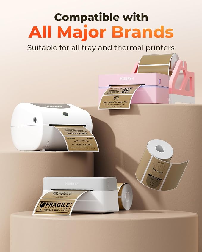 MUNBYN 4” X 2” Direct Thermal Labels, Thermal Printer Stickers, Strong Adhesive & Perforated Labels Paper for Barcode, Mailing, 500 Sheets/1 Roll, Brown