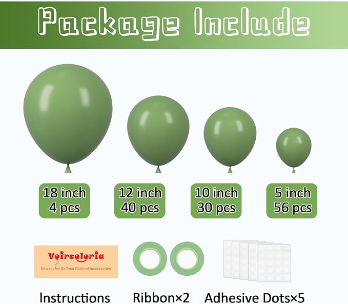 Voircoloria 130pcs Sage Green Balloons Different Sizes 18" 12" 10" 5" Olive Green Balloons for Birthday Graduation Baby Shower Wedding Anniversary New Year Party Decorations