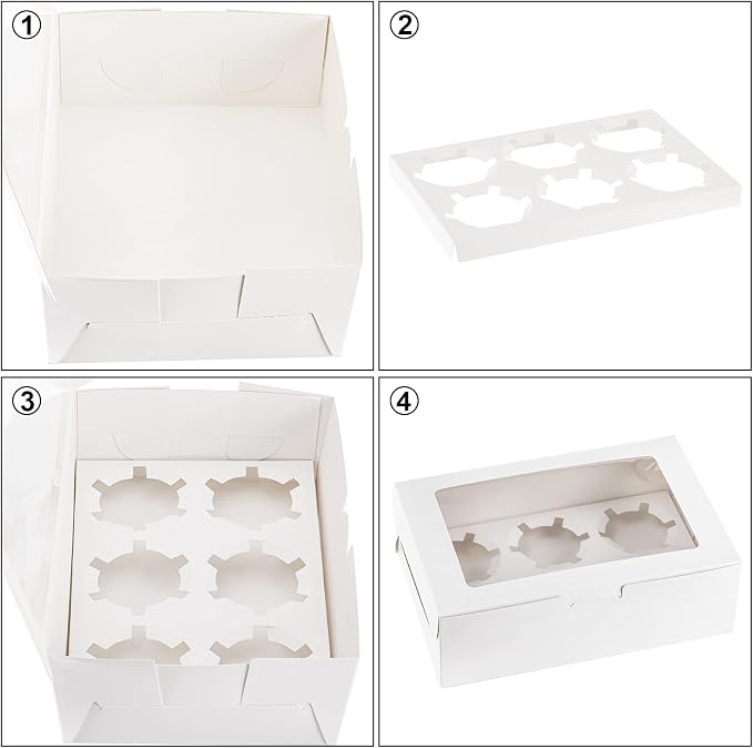 Jucoan 50 Pack White Paper Cupcake Box with Insert and Window Hold 6 Standard Cupcakes, Cupcake Carrier Container, Bakery Muffin Box for Pastry, Cookies, Birthday, Father's Day, Wedding Party