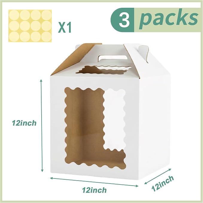 3 Pack 12x12x12 Inch Tall Cake Boxes with windows,10in 12in Large Tiered Cake Box, Disposable Tall Cake Carrier, Layer Tall Baking Carrier with Handle for Wedding, Birthday