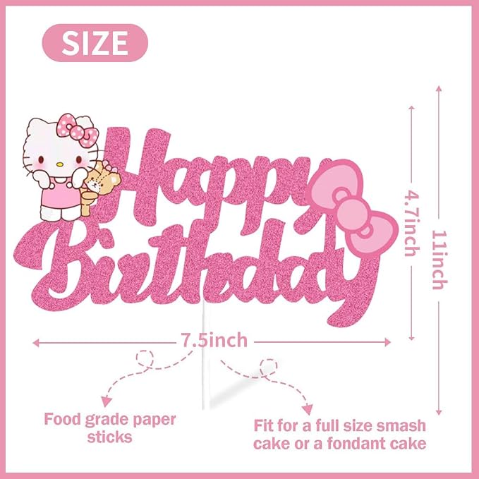Cute Birthday Cake Decorations, Happy Birthday Cake Topper Glitter, Cartoon Theme Party Cake Decorations Supplies (Pink)