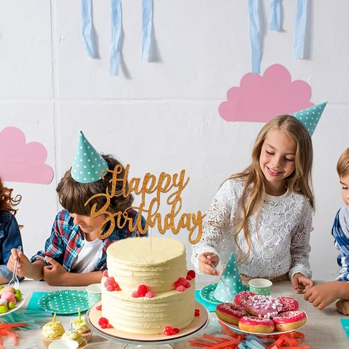 Handmade Glitter happy birthday Cake Topper, Happy Birthday Cake Bunting Decor,Birthday Party Decoration Supplies (Pumpkin yellow)