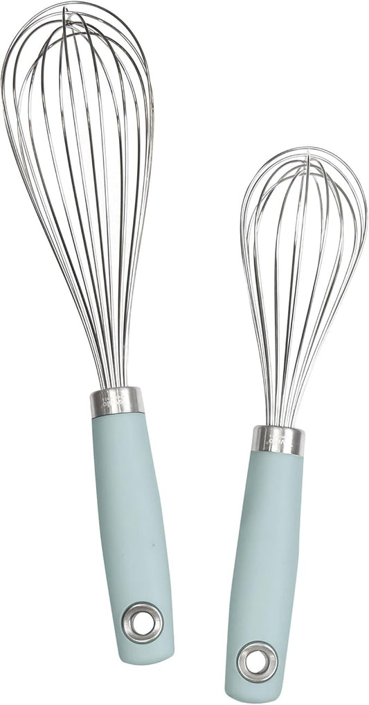 Tovolo Wire Whisk Set of 2 for Baking Cooking Mixing Whisking, 10” & 12” Inch Stainless Steel Wire Kitchen Whisk Set Balloon Design Sturdy Comfort Grip Handle BPA Free Dishwasher Safe, Blue Haze