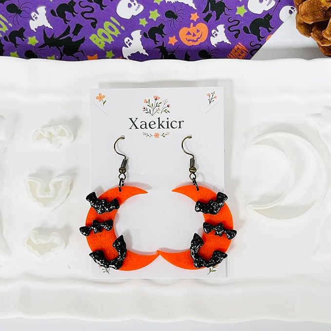 Xaekicr Halloween Moon Bat Polymer Clay Cutters Set – 4pcs Clay Earring Cutters for DIY Polymer Clay Jewelry Making, Clay Tools and Molds for Earrings