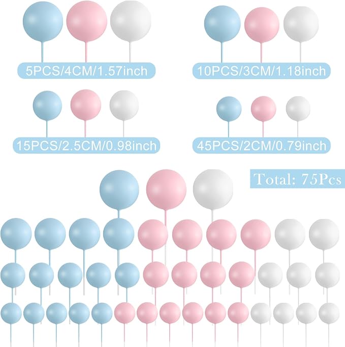 75 Pcs Cake Balls Topper Decorations Foam Cupcake Topper Mini Balloon Cake Topper Balls Cake Picks for Cake Deco Birthday Party Wedding（Blue,Pink,Gold）