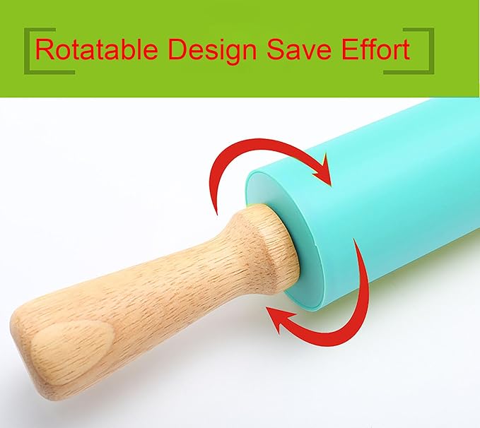 Silicone Rolling Pin, 9 Inch Green Rolling Pin with Wooden Handle for Kneading the Dough of Cookie, Baking Bread, Pizza and Noodles (Blue, 11.4 inch)