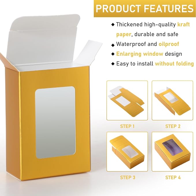 Zhanmai 100 Set Gold Small Soap Boxes for Homemade Soap, 3.35 x 2.36 x 1.2 Inch Paper Packaging Boxes with Window, with 100 Tag and Twine, Gift Wrapping Supplies for Bakery Candy Cookies Party Favors