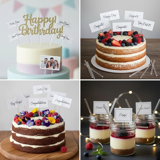 50pcs 8" Acrylic Cake Topper Sticks, 5mm Flat Clear Plexiglass for Cupcake Toppers, Cake Pops & Lollipops, Strong Unbending Transparent Cake Decorating Supplies(50 pcs)