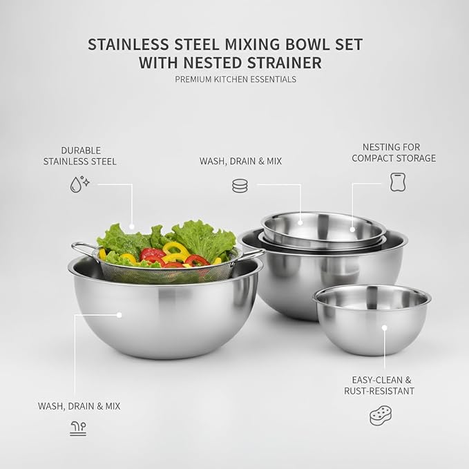 Stainless Steel Mixing Bowl Set with Nested Strainer for Washing, Draining, and Food Prep