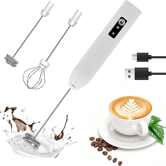 Milk Frother Handheld Rechargeable Electric Frother Wand Coffee Foam Maker with 2 Stainless Stee Whisks & 3 Speeds,Drink Mixer Handheld for for Latte, Cappuccino, Hot Chocolate, Matcha, Egg (White)