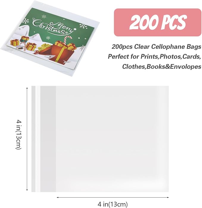 200 Pcs Resealable Cookie Bags, 4 X 4 Inch Self Sealing Cellophane Treat Bags Clear Plastic Bags, Good for Individual Cookies, Dessert,Decorative Wrappers, Party Favors, Candy and More