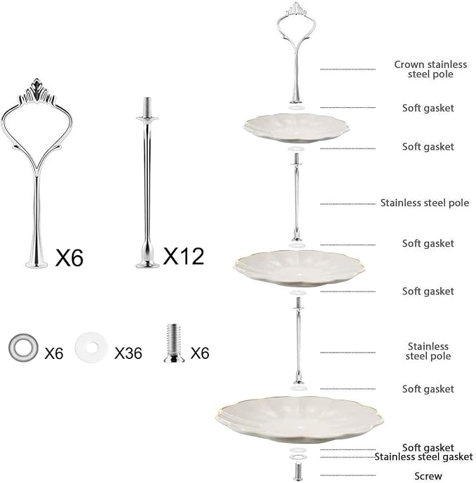 BetterJonny 6 Sets 3 Tier Cake Plate Stand Handle, Cake Stand Hardware Handle Fittings Holder for Wedding and Party Making Dessert Platter Stand (Silver)