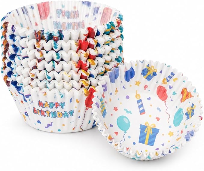 200 Paper Cupcake Liners, Muffin Liners or Baking Cups for Desserts, Muffins, Cupcakes and More Treats; Grease Proof, No Smell, Food Grade, Nut Serving Containers (Birthday)