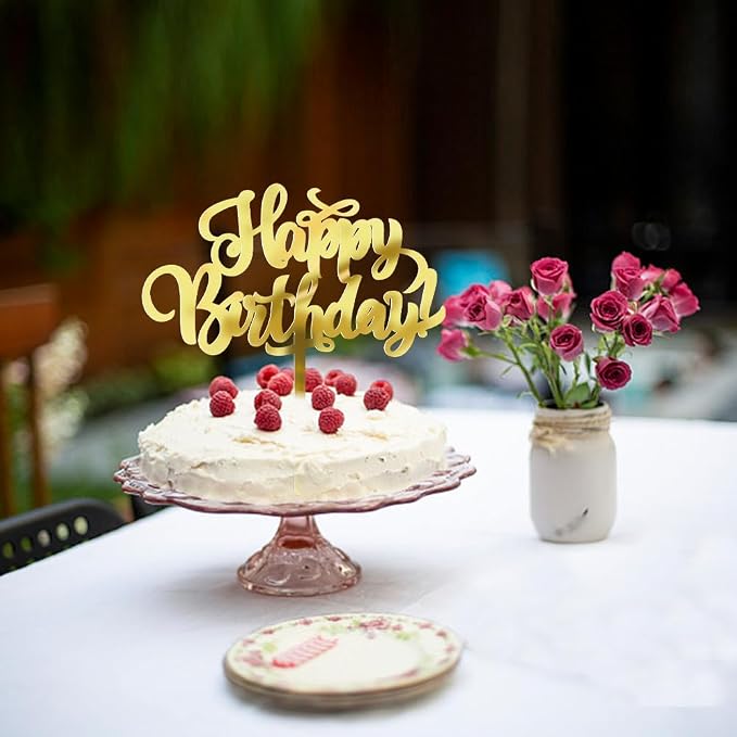Sleyberoy Happy Birthday Cake Topper-Golden Acrylic Happy Birthday Cake Decor， Anniversary/Birthday Party Cake Decor (Acrylic gold)