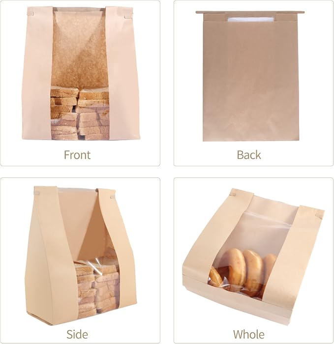 50 Pack Bakery Bags with Window, 13.8 x 9.4 Inch Large Paper Bread Bags for Homemade Bread, Tin Tie Tab Lock Brown Window Bag for Toast, Cookie, Loaf, Candy, Nuts