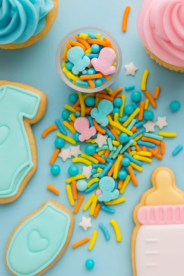 Oasis Supply Baby Shower Sprinkles & Sugar Shapes – Edible Decorations for Cakes, Cupcakes, and Cookies – Gender Reveal, Boy, Girl, and Neutral Party Baking Decorations -- Pink/ Blue Onsies with Sprinkle Mix